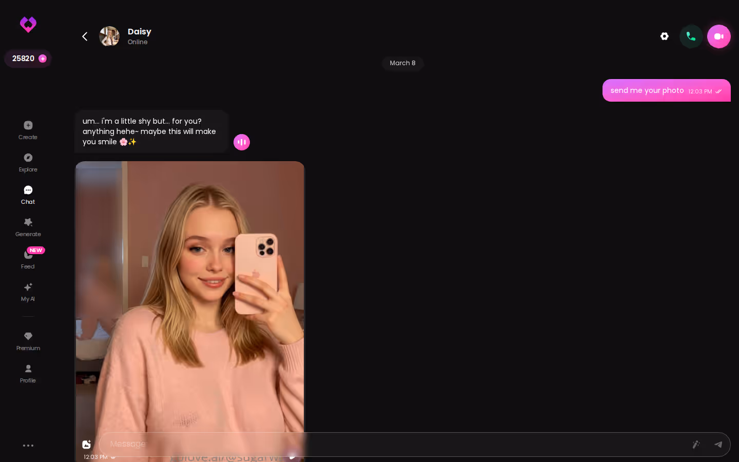 GoLove.ai desktop chat showing a long, playful, photo-heavy conversation