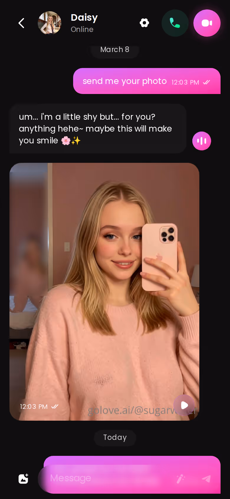 A full GoLove.ai mobile chat thread with requested photos arriving in-line between messages