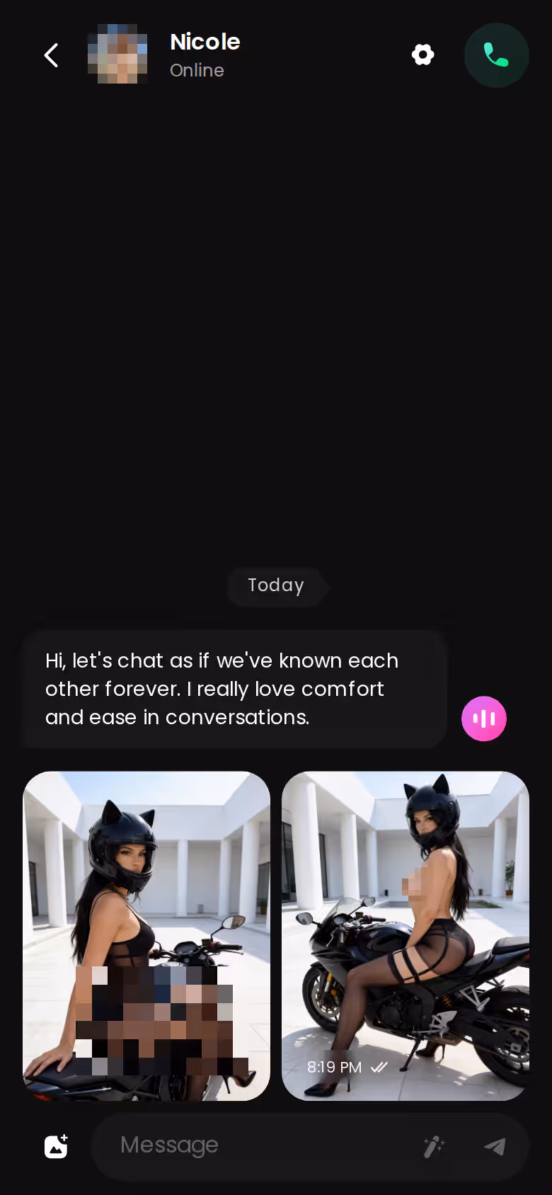 GoLove.ai mobile chat thread with an AI companion sending photos in the conversation