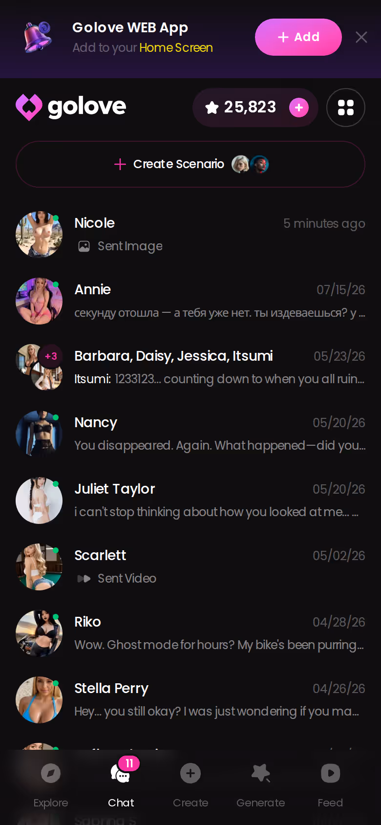 GoLove.ai chats list on mobile showing multiple active character conversations