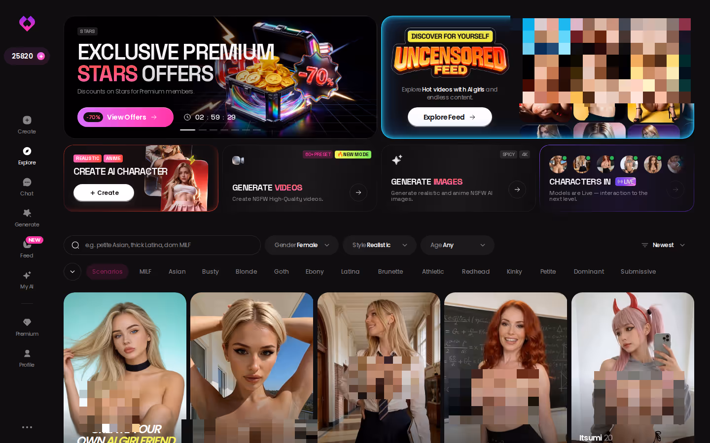 GoLove.ai Explore top — promo banners, tag filters and the character grid — ai boy