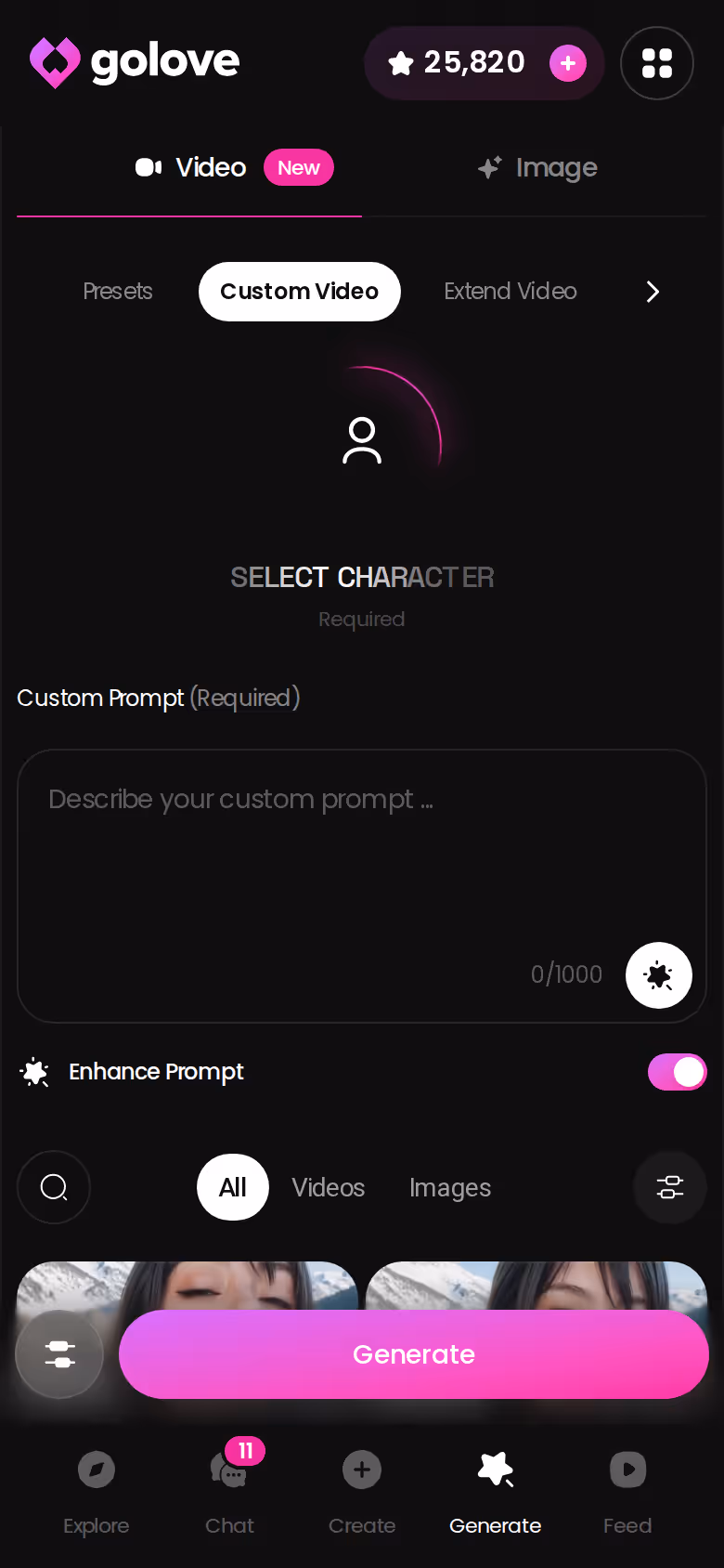Mobile Custom Video mode in the GoLove.ai generator — ai boy