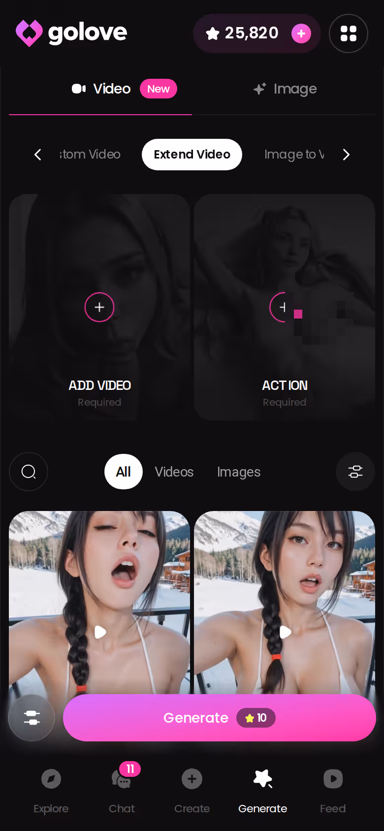 GoLove.ai Extend Video option on mobile continuing a generated clip