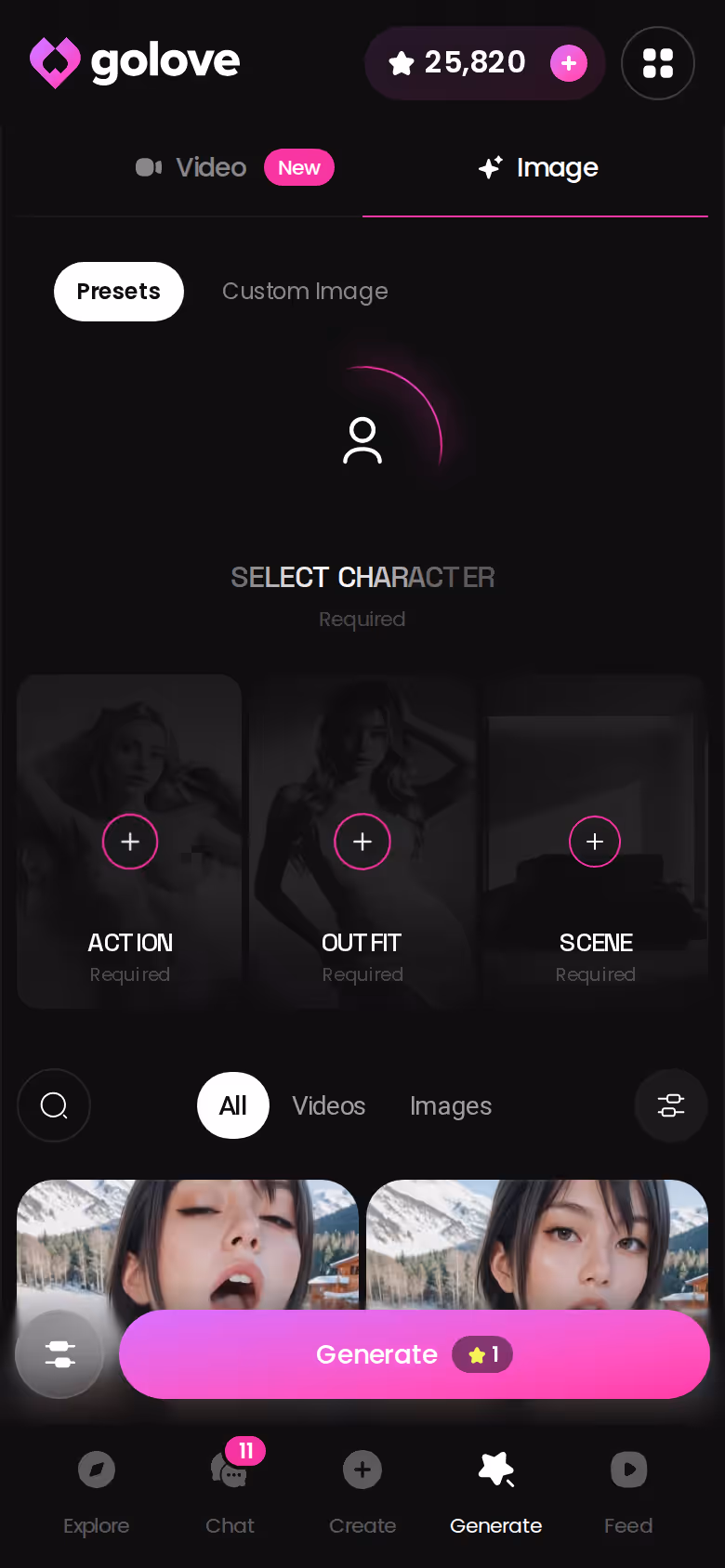 GoLove.ai Image mode on mobile with presets stacked for one-tap rendering